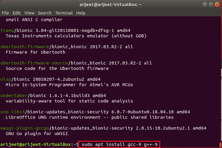 รันคำสั่งเพื่อติดตั้ง gcc เวอร์ชัน 9 ใน ubuntu linux terminal