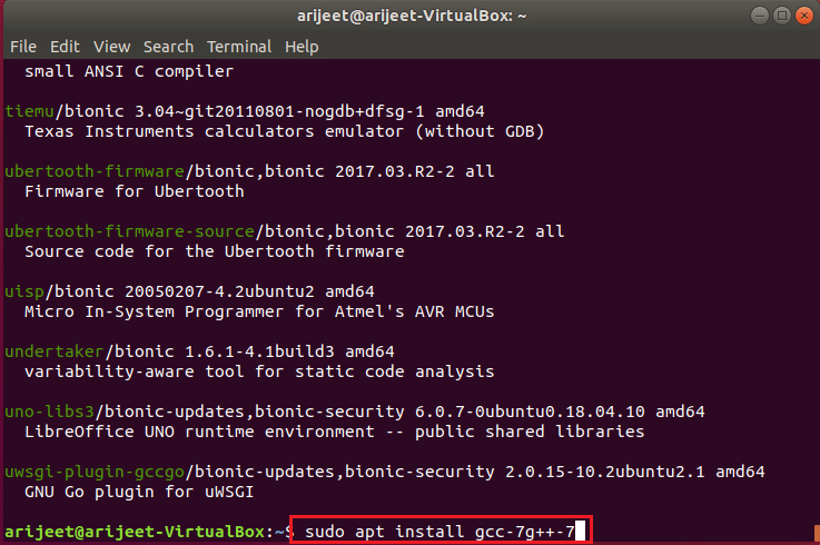 รันคำสั่งเพื่อติดตั้ง gcc เวอร์ชัน 7 ใน ubuntu linux terminal