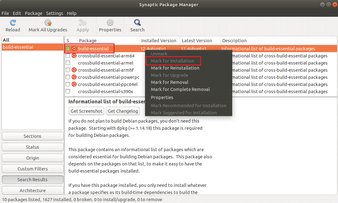 右键单击 build essential 并在 Snaptic Package Manager Ubuntu Linux 中选择 Mark for installation