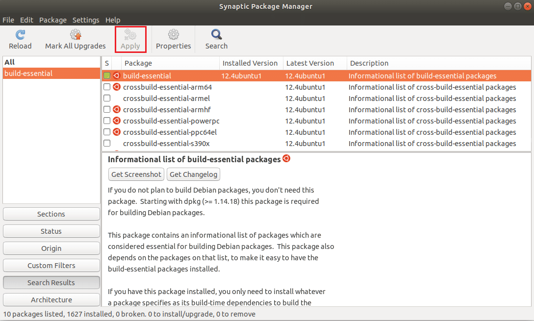 Snaptic Package Manager Ubuntu Linux에서 적용 버튼 클릭