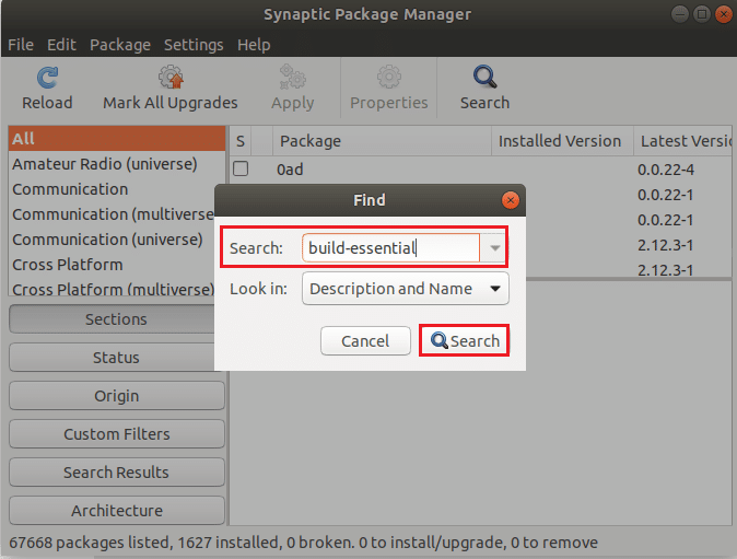 search build essencial no gerenciador de pacotes snaptic ubuntu linux