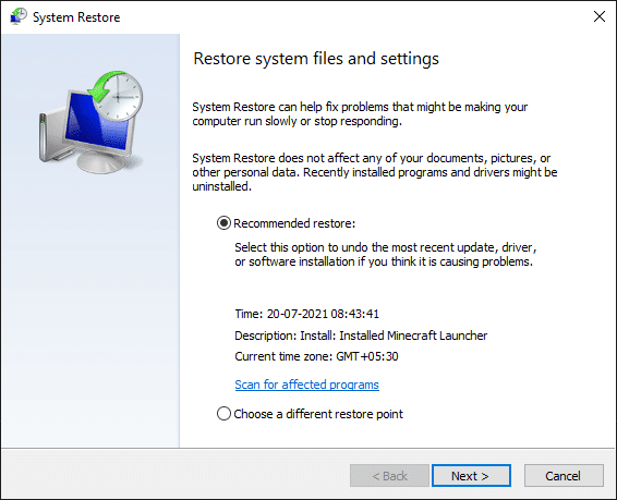 Sekarang, jendela System Restore akan muncul di layar. Di sini, klik Berikutnya