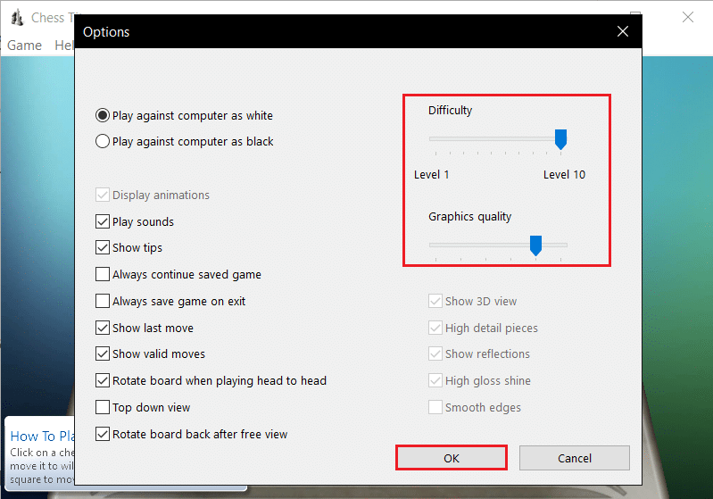 sélectionnez Difficulté et qualité dans Game Option. Comment jouer à Chess Titans sur Windows 10