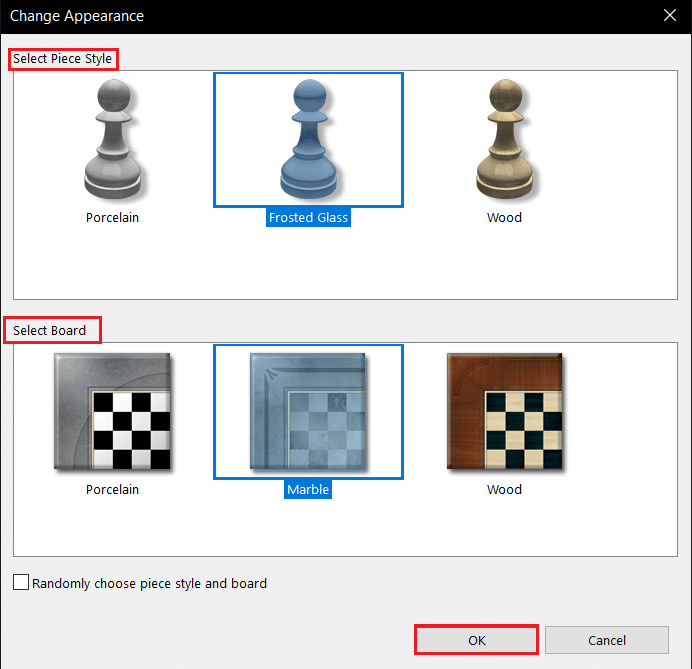 Wählen Sie Stückstil und wählen Sie Brett im Menü Aussehen ändern. So spielen Sie Chess Titans unter Windows 10