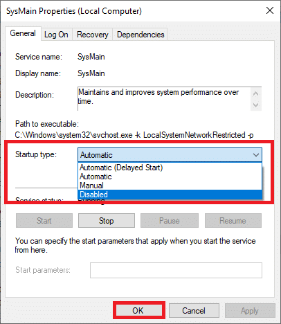 impostare il Tipo di avvio su Disabilitato dal menu a discesa. Risolto il problema con l'utilizzo elevato della CPU di Ntoskrnl.exe