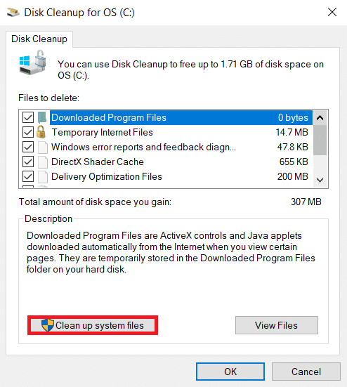 Marque la casilla de todos los elementos en Archivos para eliminar y haga clic en Limpiar archivos del sistema.