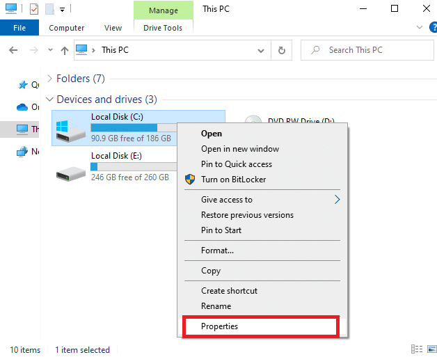 Klicken Sie mit der rechten Maustaste auf Ihre lokale Festplatte und klicken Sie auf Eigenschaften. Beheben Sie die hohe CPU-Auslastung von Ntoskrnl.exe