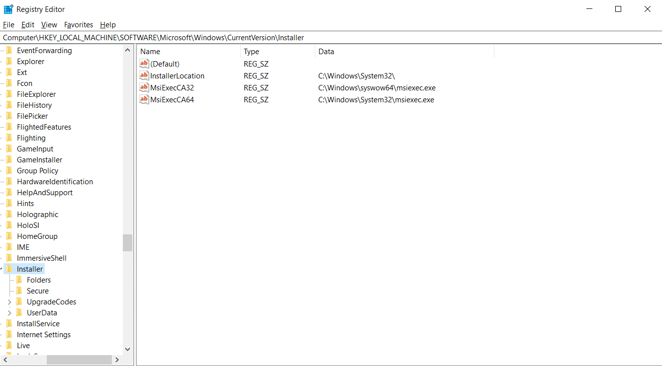 vaya a la carpeta de la clave del instalador en el editor de registro