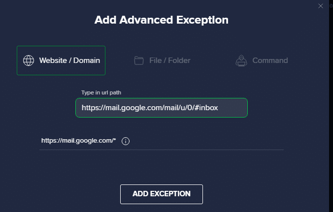 ตอนนี้ วาง URL ในเส้นทาง Type in url จากนั้น ให้คลิกที่ตัวเลือก ADD EXCEPTION