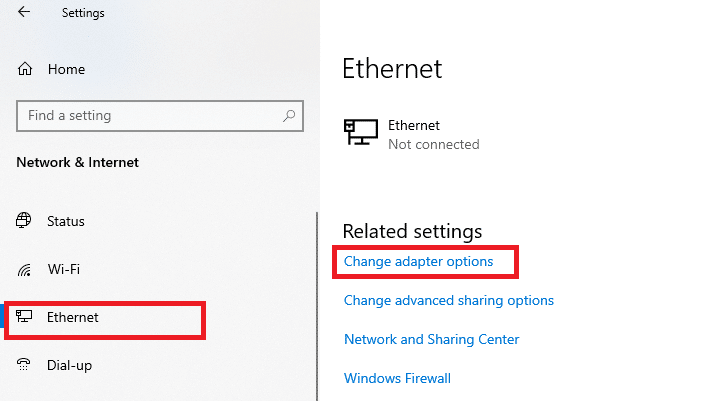 Acum, faceți clic pe fila Ethernet și selectați Schimbați opțiunile adaptorului sub Setări înrudite. Remediați ERR_CONNECTION_RESET pe Chrome