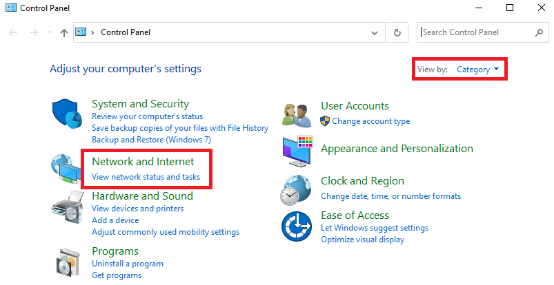 Şimdi Görüntüle seçeneğini Kategori olarak ayarlayın ve Ağ ve İnternet bağlantısını seçin. Chrome Windows 10'da ERR_CONNECTION_RESET'i düzeltin