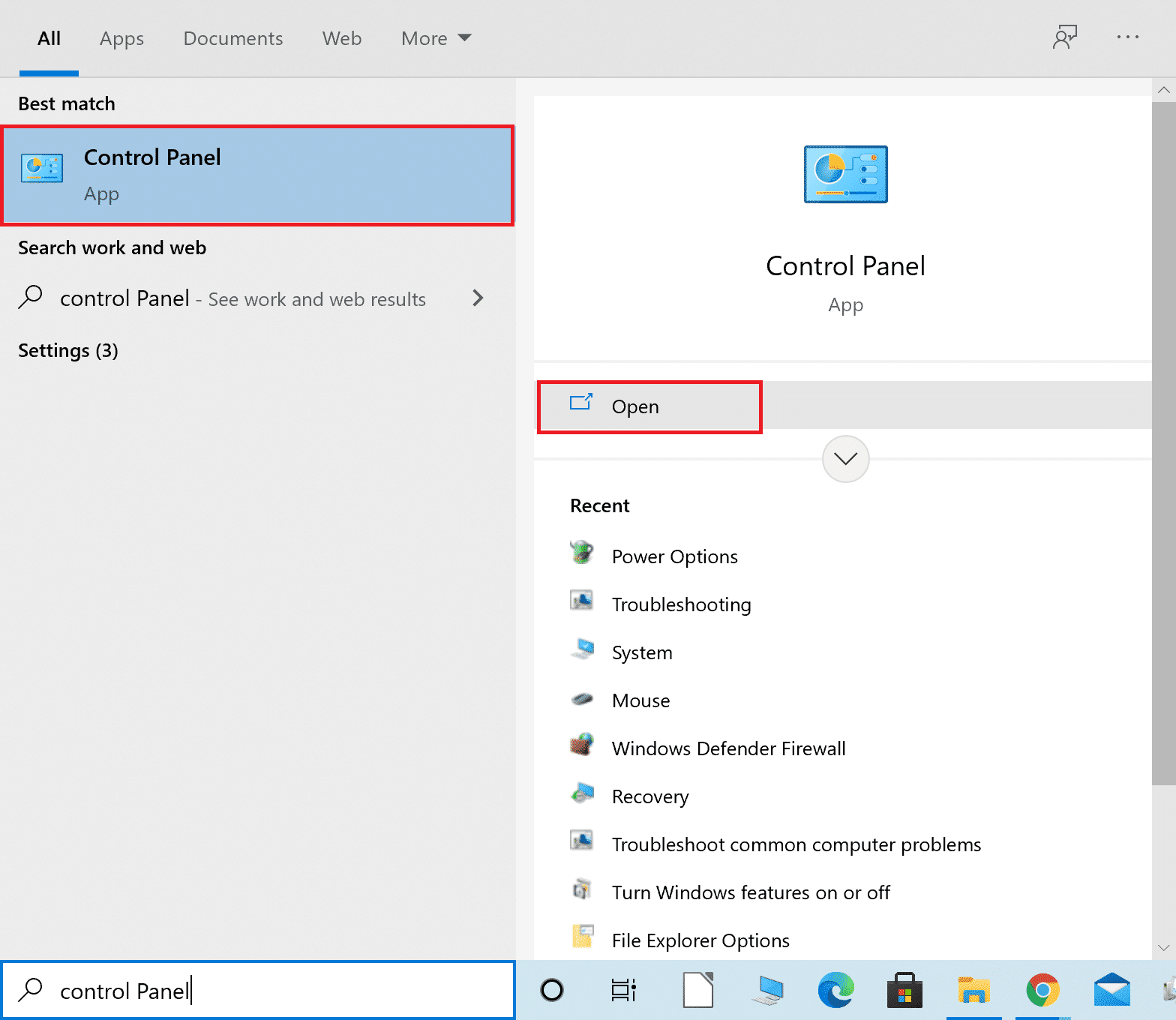 Introduceți Control Panel în bara de căutare Windows. Remediați resetarea conexiunii ERR Windows 10