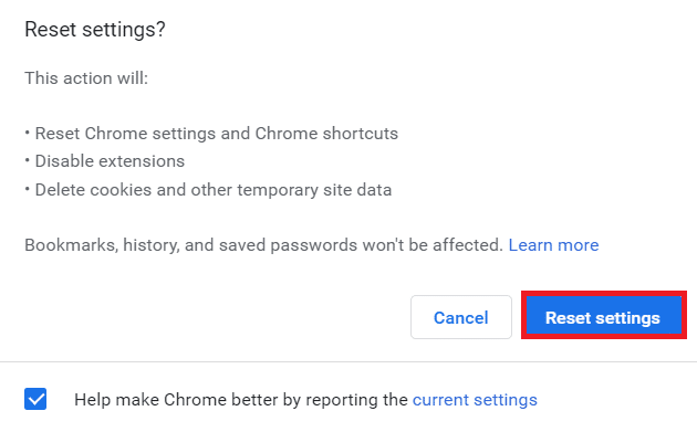 Ayarları sıfırla'ya tıklayın. Chrome Windows 10'da ERR_CONNECTION_RESET'i düzeltin