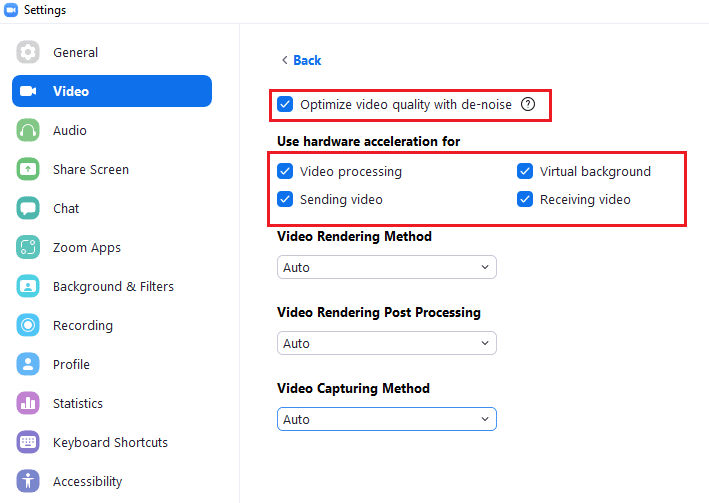 Luego, revisa las siguientes opciones. Optimice la calidad de video con la eliminación de ruido Use la aceleración de hardware para el procesamiento de video Use la aceleración de hardware para enviar video Use la aceleración de hardware para recibir video. Fix Zoom no puede detectar una cámara