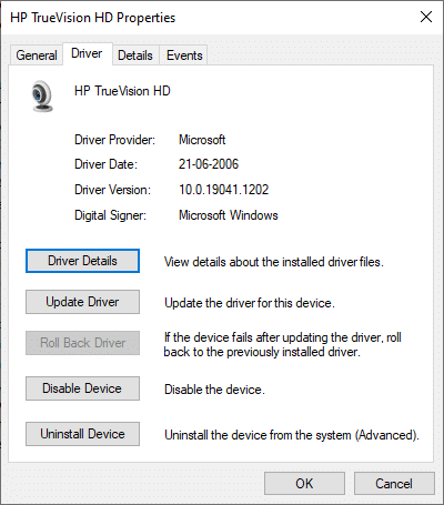 Alterne para a guia Driver e selecione Reverter driver