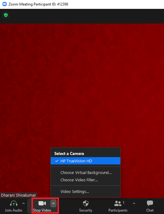 ตอนนี้ที่หน้าจอด้านล่างซ้าย ให้คลิกที่ Stop Video และตรวจสอบว่า Zoom ใช้กล้องตัวใด
