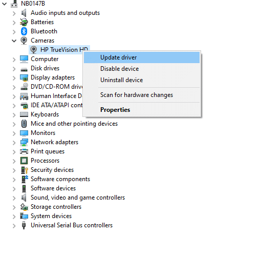 kliknij prawym przyciskiem myszy sterownik, powiedz HP TrueVision HD i wybierz Aktualizuj sterownik.
