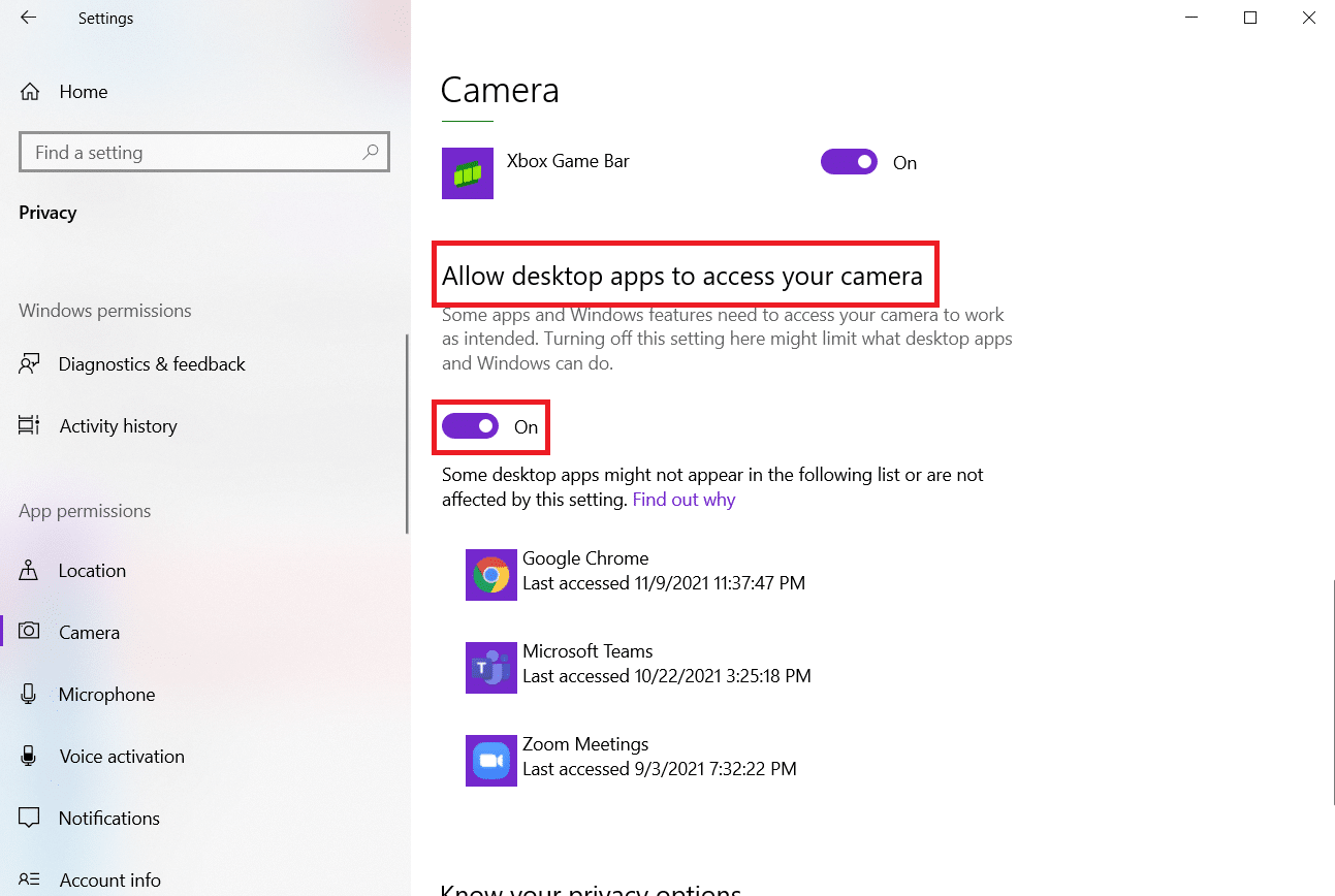 Sotto Consenti alle app desktop di accedere alla tua fotocamera e attivala. Fix Zoom non è in grado di rilevare una telecamera