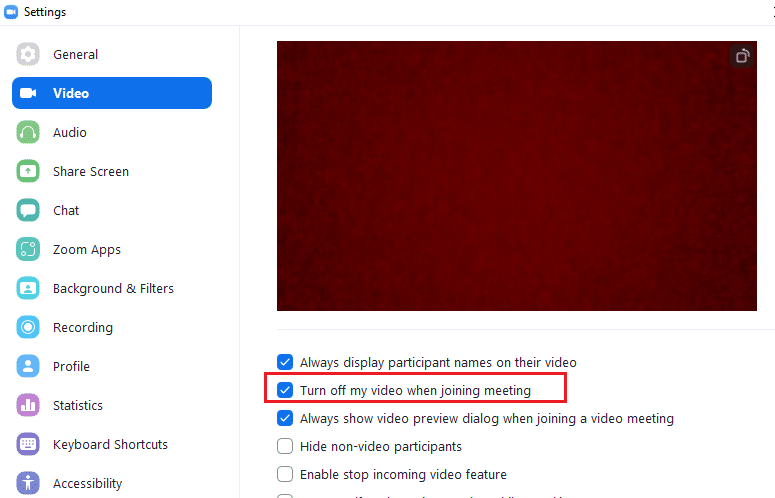 Pastikan Anda menghapus centang pada opsi Matikan video saya saat bergabung dengan rapat