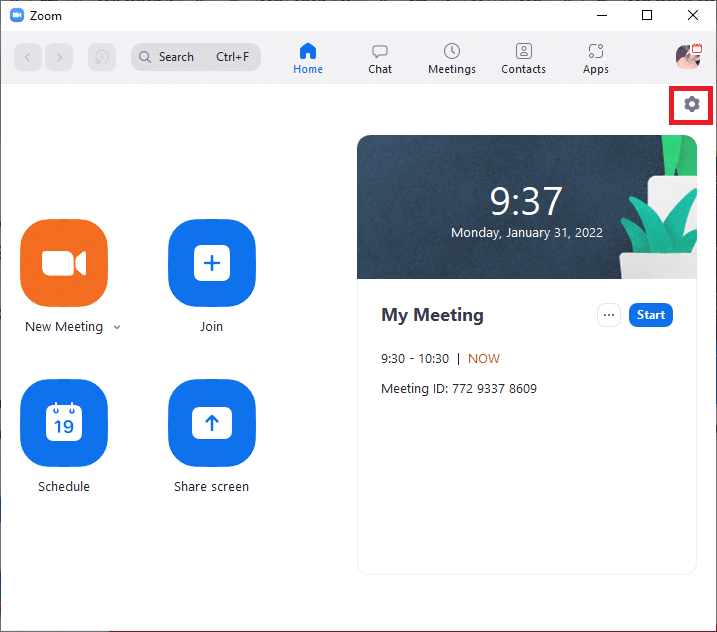 Ahora, salga de la reunión y vaya a la página de inicio de Zoom. Luego, haga clic en el ícono de Configuración