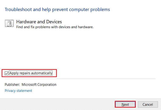marque la opción Aplicar reparaciones automáticamente en el solucionador de problemas de hardware y dispositivos y haga clic en Siguiente