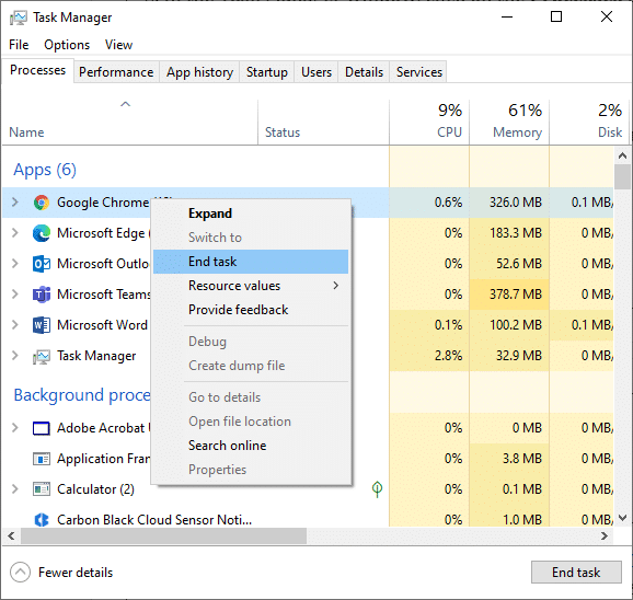 pesquise e selecione as tarefas do Google Chrome em execução em segundo plano. Em seguida, selecione Finalizar tarefa