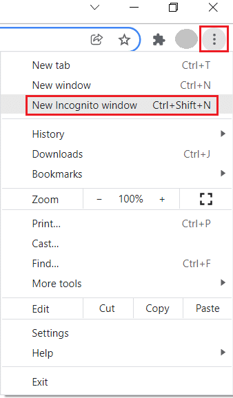 haga clic en el icono de tres puntos y seleccione nueva ventana de incógnito en Google Chrome