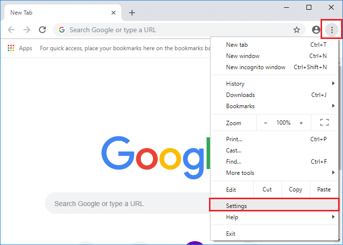 3つのドットのアイコンをクリックしてから、Chromeの[設定]をクリックします。 GoogleChromeのErrEmptyResponseを修正