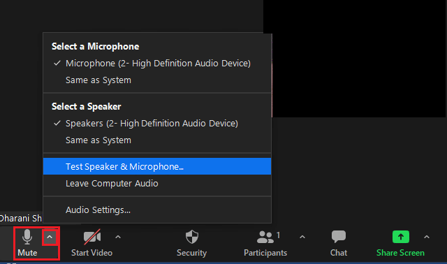 Riattiva l'audio in Zoom meeting e seleziona l'icona del carato accanto al microfono. Risolto il problema con l'audio dello zoom non funzionante in Windows 10