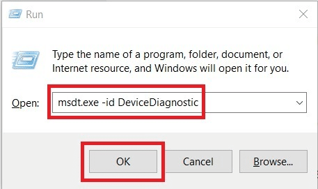 Windows tuşuna ve R'ye basın. Donanım ve aygıt sorun gidericisini açmak için msdt.exe id DeviceDiagnostic komutunu yazın ve enter tuşuna basın. Windows 10'da Çalışmayan Yakınlaştırma Sesini Düzeltme