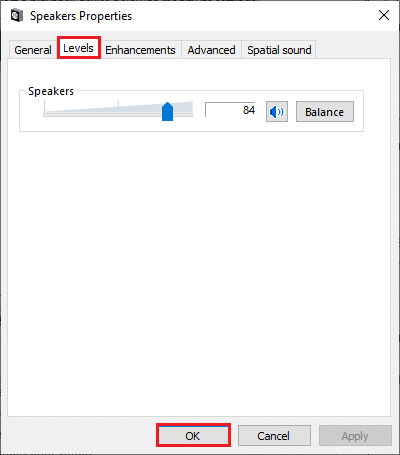 Ensuite, dans l'option Propriétés des haut-parleurs, passez à l'onglet Niveaux et assurez-vous que la valeur des haut-parleurs est définie sur max. Correction du zoom audio ne fonctionnant pas sous Windows 10