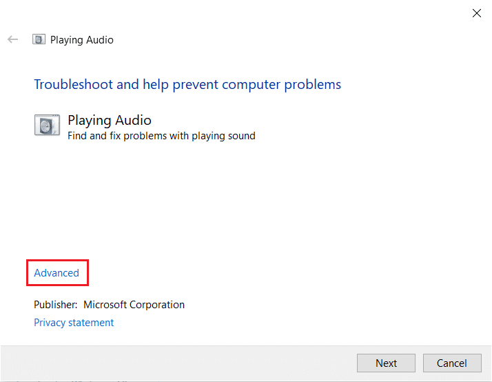 haga clic en la opción Avanzado en el Solucionador de problemas de reproducción de audio. Arreglar Zoom Audio no funciona Windows 10