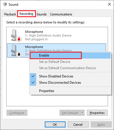 Assicurati che il dispositivo predefinito sia abilitato sul tuo PC. Se è disabilitato, fai clic con il pulsante destro del mouse sul dispositivo e seleziona l'opzione Abilita