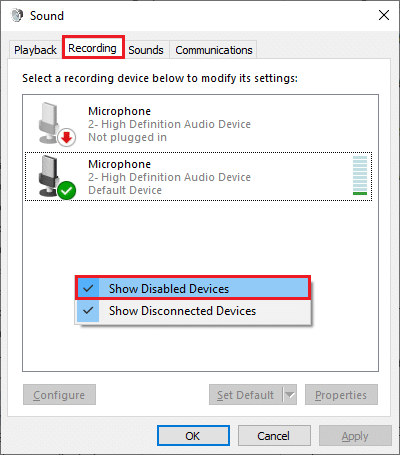 จากนั้นสลับไปที่แท็บการบันทึก คลิกขวาบนพื้นที่ว่างและตรวจสอบให้แน่ใจว่าได้เลือก Show Disabled Devices ไว้