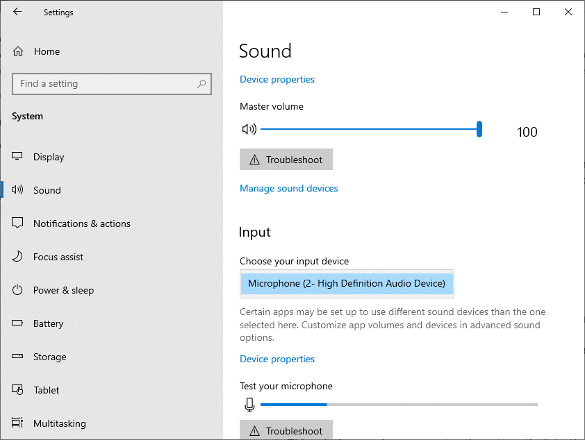 Inicie Configuración de sonido desde el menú de búsqueda y seleccione el dispositivo de entrada correcto