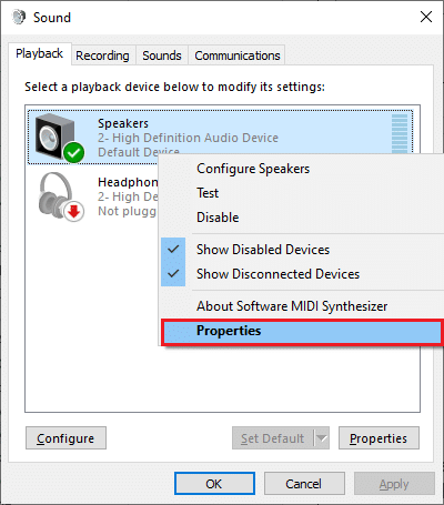 Kemudian, klik kanan pada perangkat audio default Anda dan pilih opsi Properties