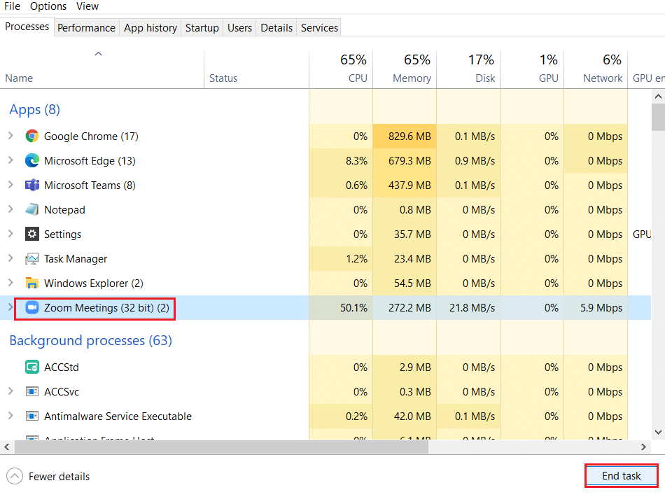 ズームプロセスを選択し、タスクマネージャーで[タスクの終了]をクリックします