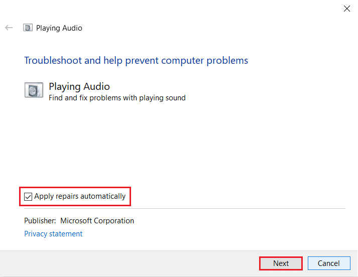 cochez l'option Appliquer les réparations automatiquement et cliquez sur le bouton Suivant dans l'outil de dépannage de lecture audio