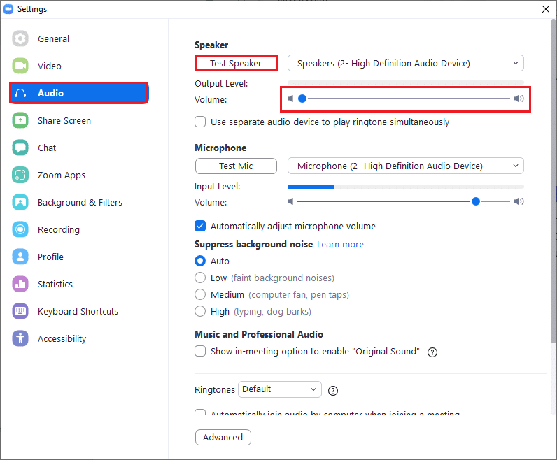 Teraz przejdź do zakładki Audio w lewym okienku. Napraw niedziałający dźwięk Zoom w systemie Windows 10