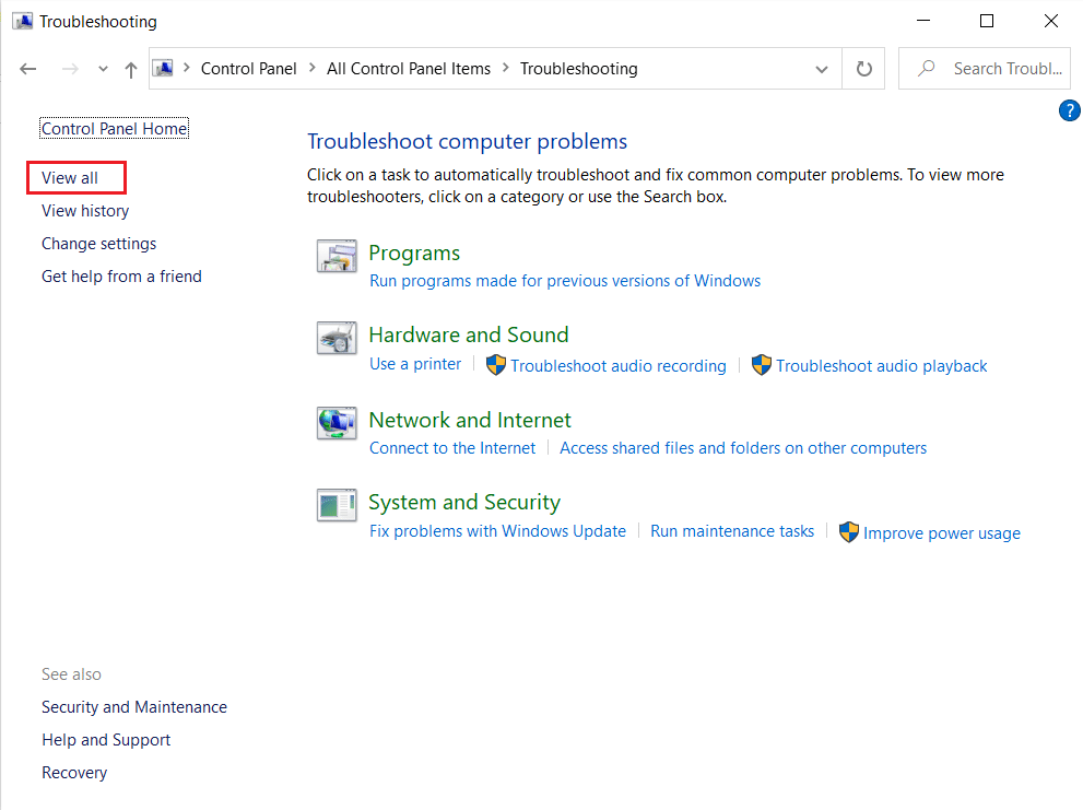 haga clic en la opción Ver todo en el panel izquierdo del menú Solución de problemas en el Panel de control. Arreglar Zoom Audio no funciona Windows 10