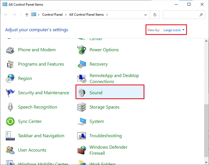 Ensuite, définissez l'option Afficher par : sur Grandes icônes et cliquez sur le lien Son. Correction du zoom audio ne fonctionnant pas sous Windows 10