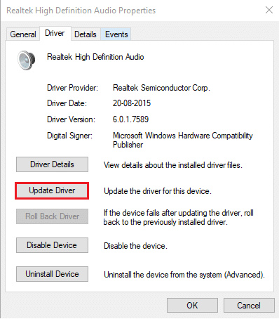 Faceți clic pe Actualizare driver. Remediați Zoom Audio nu funcționează Windows 10