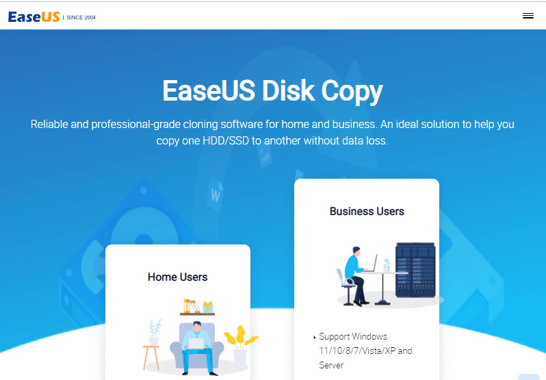 Pagina di download per EaseUS Disk Copy | Il miglior software di copia file per PC Windows nel 2022