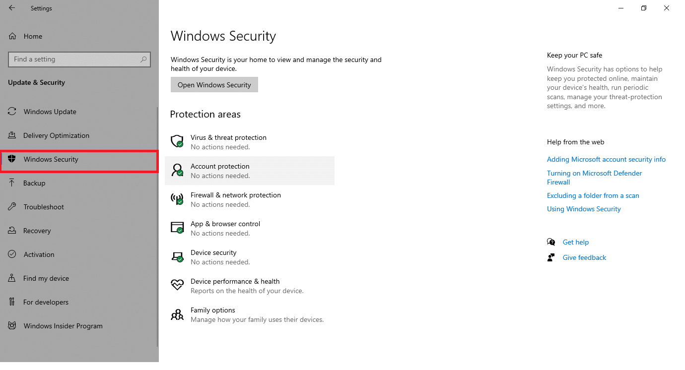 Przejdź do Zabezpieczenia systemu Windows w lewym okienku. Napraw ERR_EMPTY_RESPONSE w systemie Windows 10