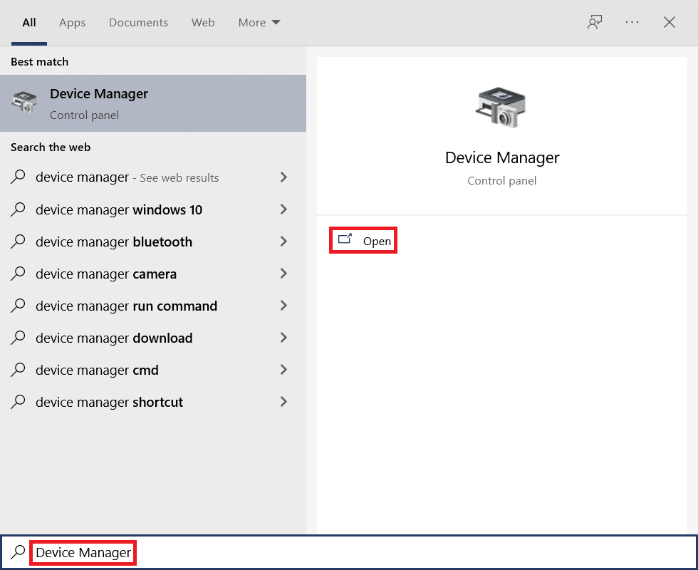 Haga clic en Inicio y escriba Administrador de dispositivos. Haga clic en Abrir. Corrige ERR_EMPTY_RESPONSE en Windows 10