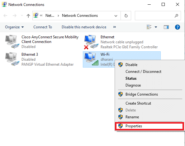 Agora, clique com o botão direito do mouse em seu adaptador de rede ativo e clique em Propriedades