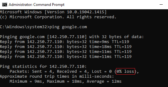 введите ping google.com и нажмите Enter