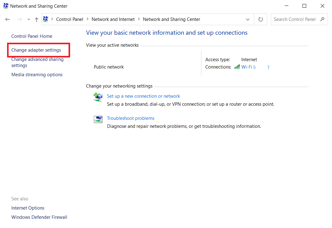 คลิกที่ Change Adapter Settings ที่ด้านซ้าย แก้ไขปัญหาความปลอดภัยของ INET E