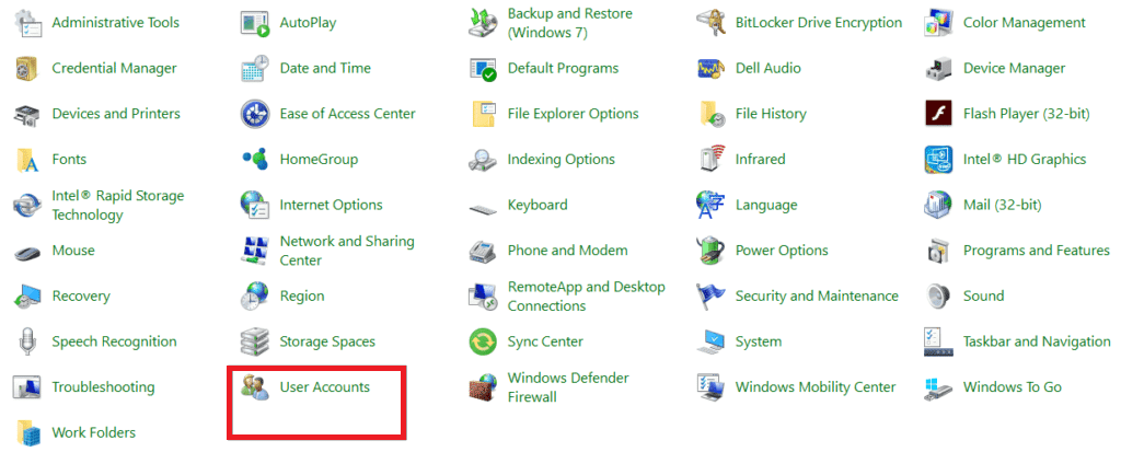 faceți clic pe Conturi de utilizator din Panoul de control