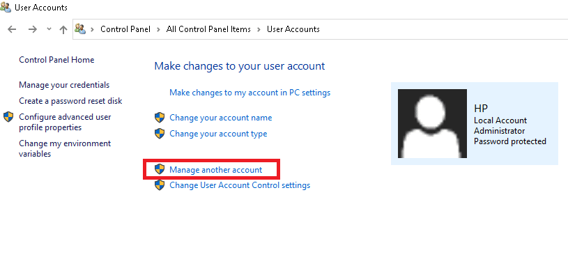 Затем нажмите «Управление другими учетными записями», как показано на рисунке. Исправить 0x80004002 Такой интерфейс не поддерживается в Windows 10